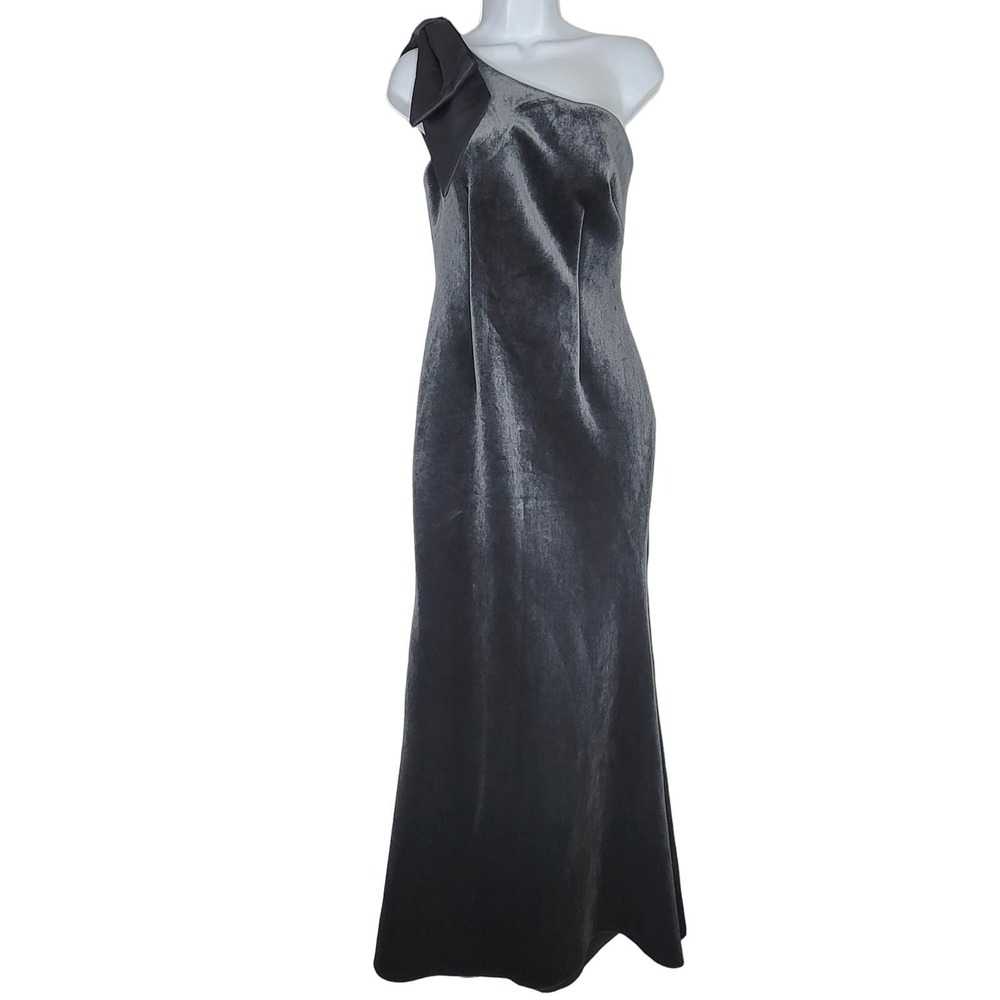 Eliza J Velvet Gown Maxi Dress Gray Long One Shoulder Formal Wedding Evening 4